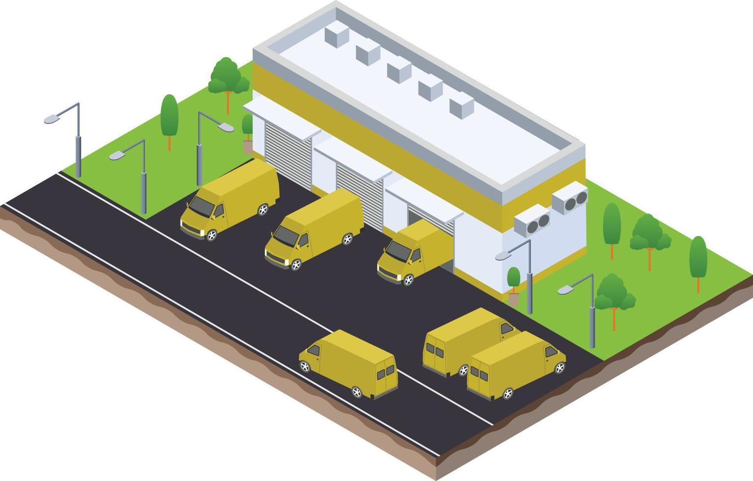 escena isométrica de la furgoneta en el proceso de descarga de la sala logística del almacén en el negocio de la empresa vector
