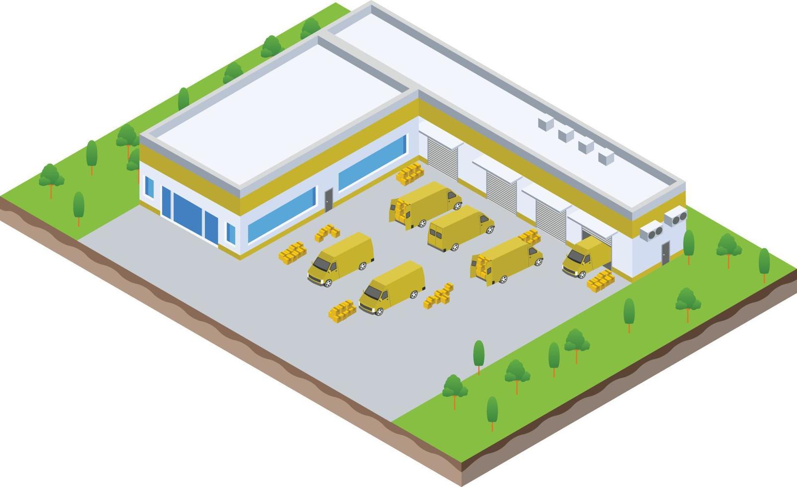 isometric scene of van at warehouse logistic hall unloading process in Company business vector