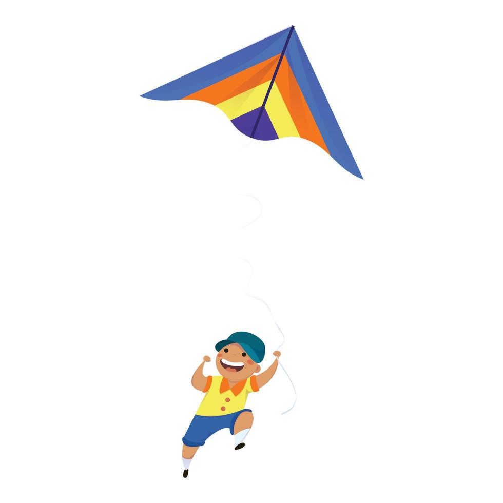Boy kid play kite icon, cartoon style vector