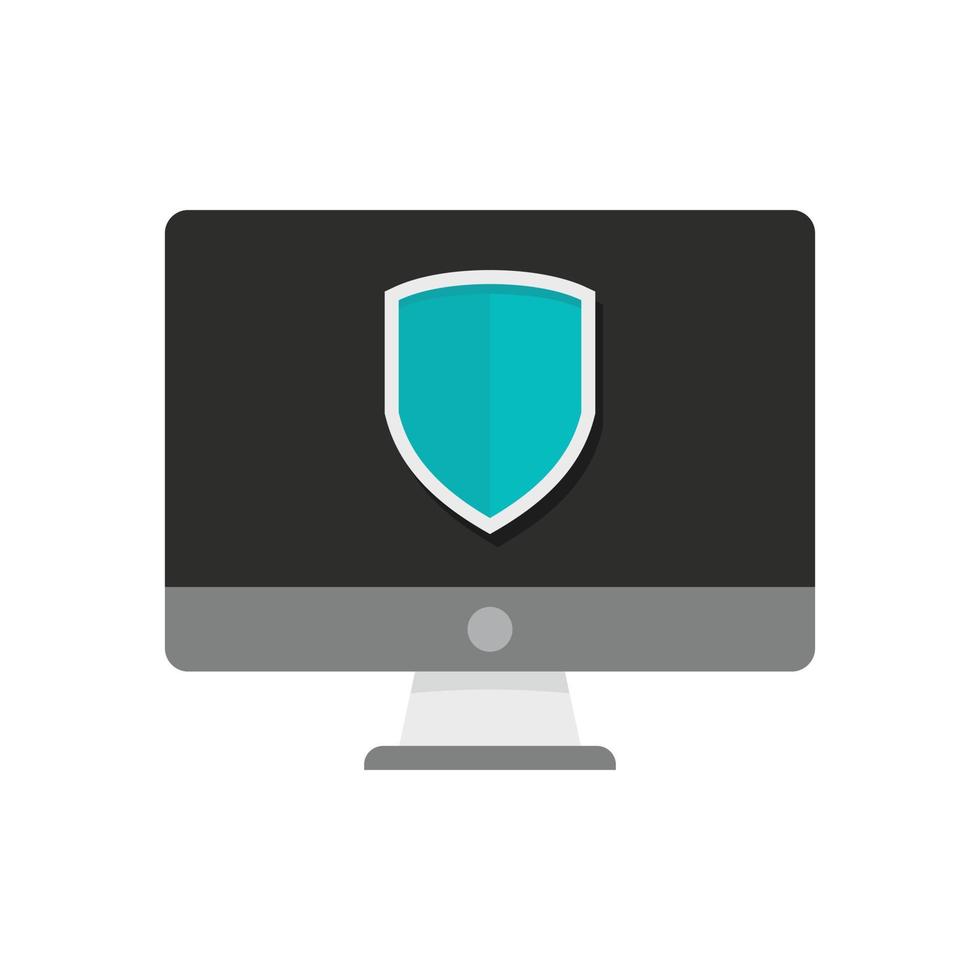Protected computer icon, flat style vector