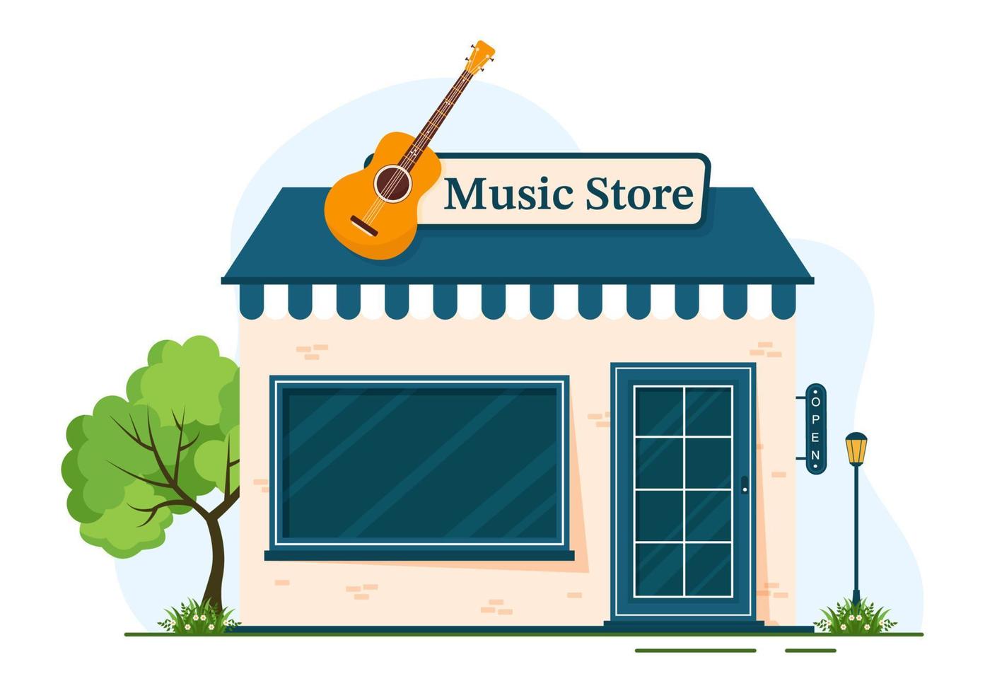 tienda de música con varios instrumentos musicales, cd, cintas de casete y grabaciones de audio en una ilustración de plantilla dibujada a mano de dibujos animados de estilo plano vector