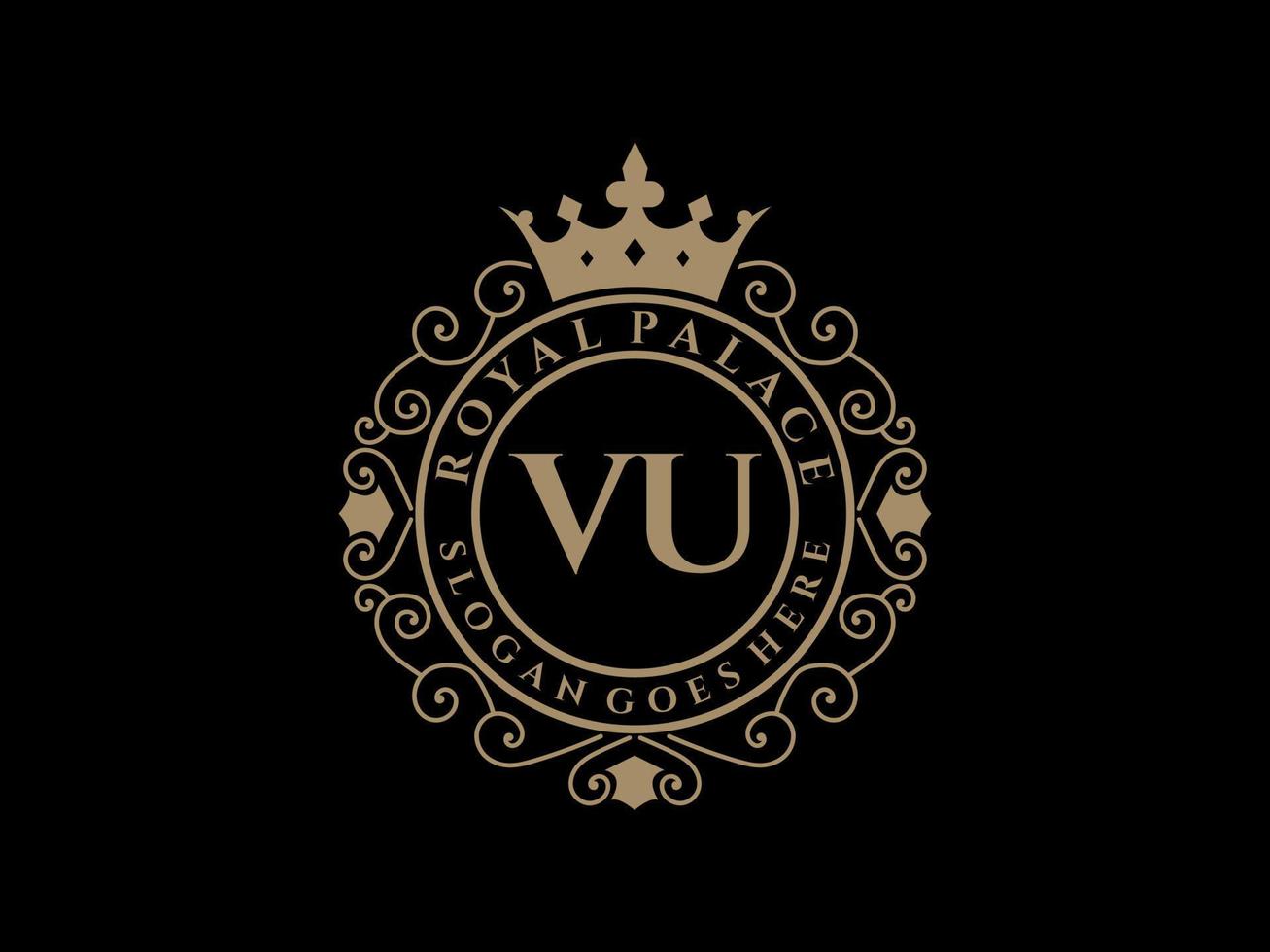 letra vu logotipo victoriano de lujo real antiguo con marco ornamental. vector