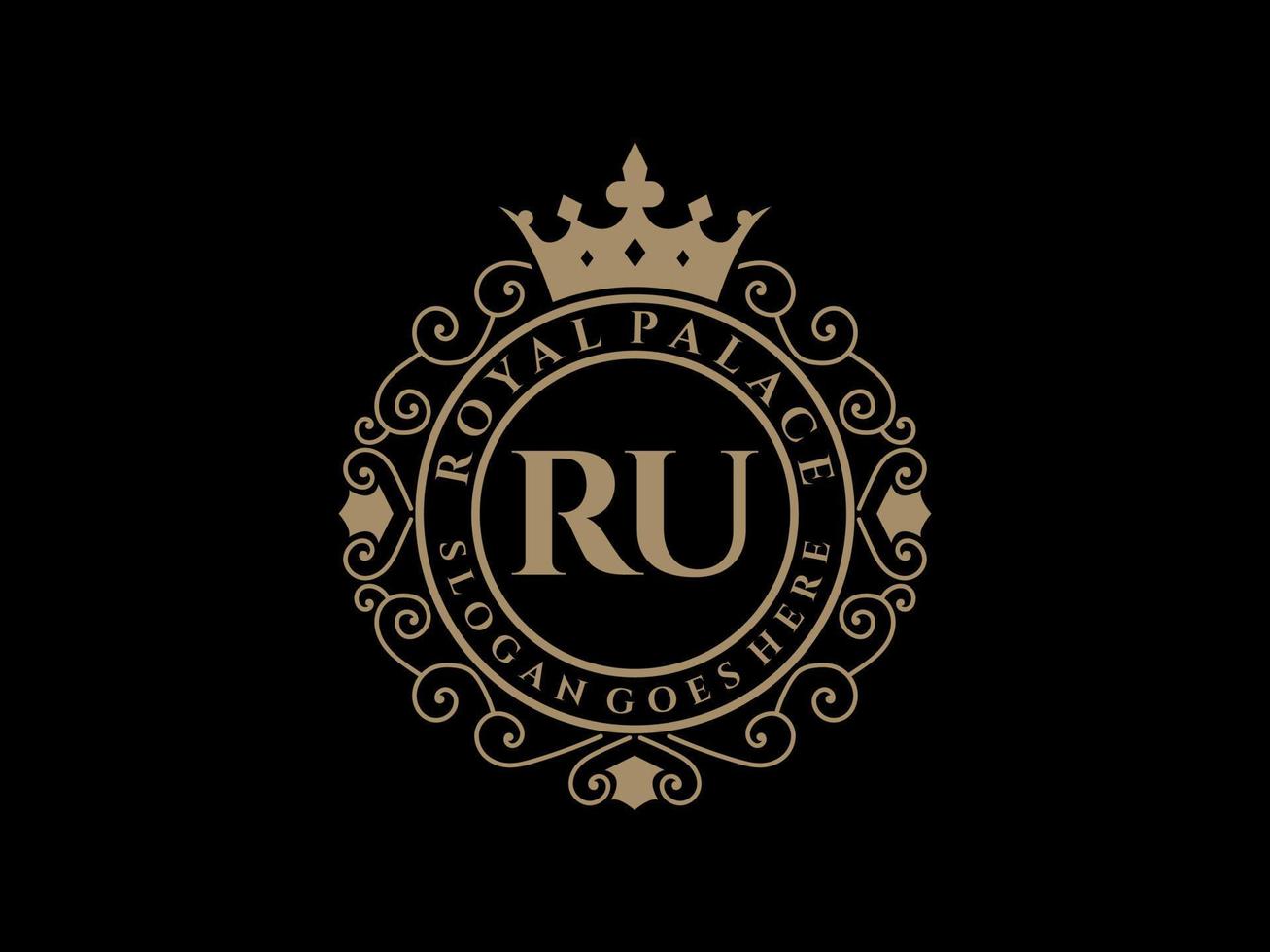 Letter RU Antique royal luxury victorian logo with ornamental frame. vector