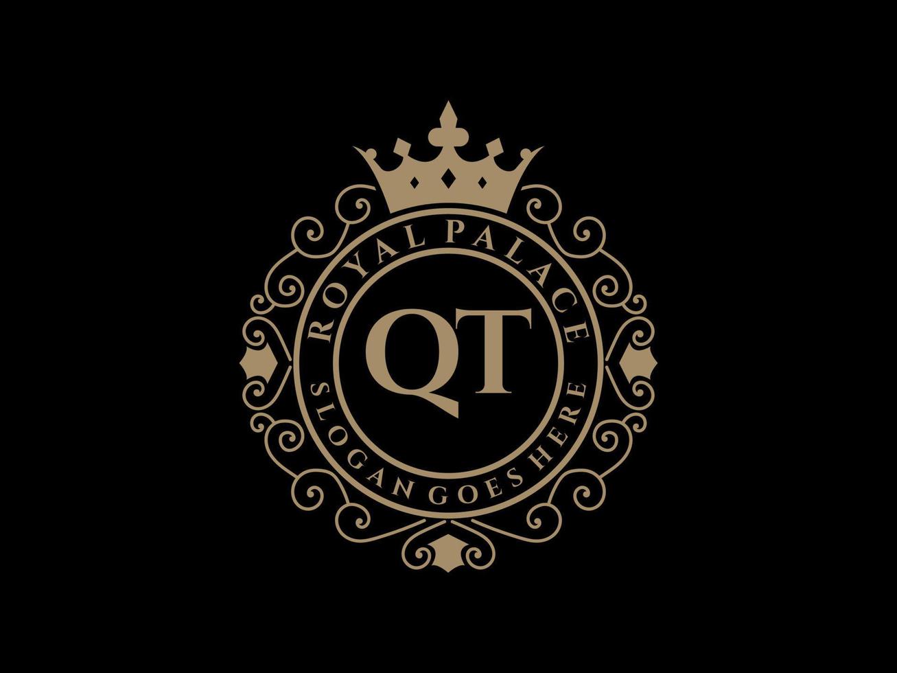 Letter QT Antique royal luxury victorian logo with ornamental frame. vector