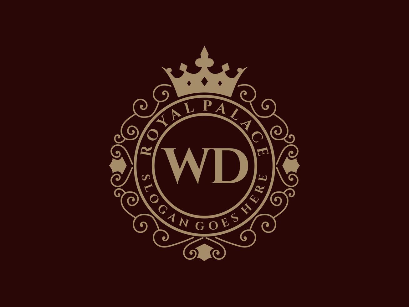 letra wd logotipo victoriano de lujo real antiguo con marco ornamental. vector