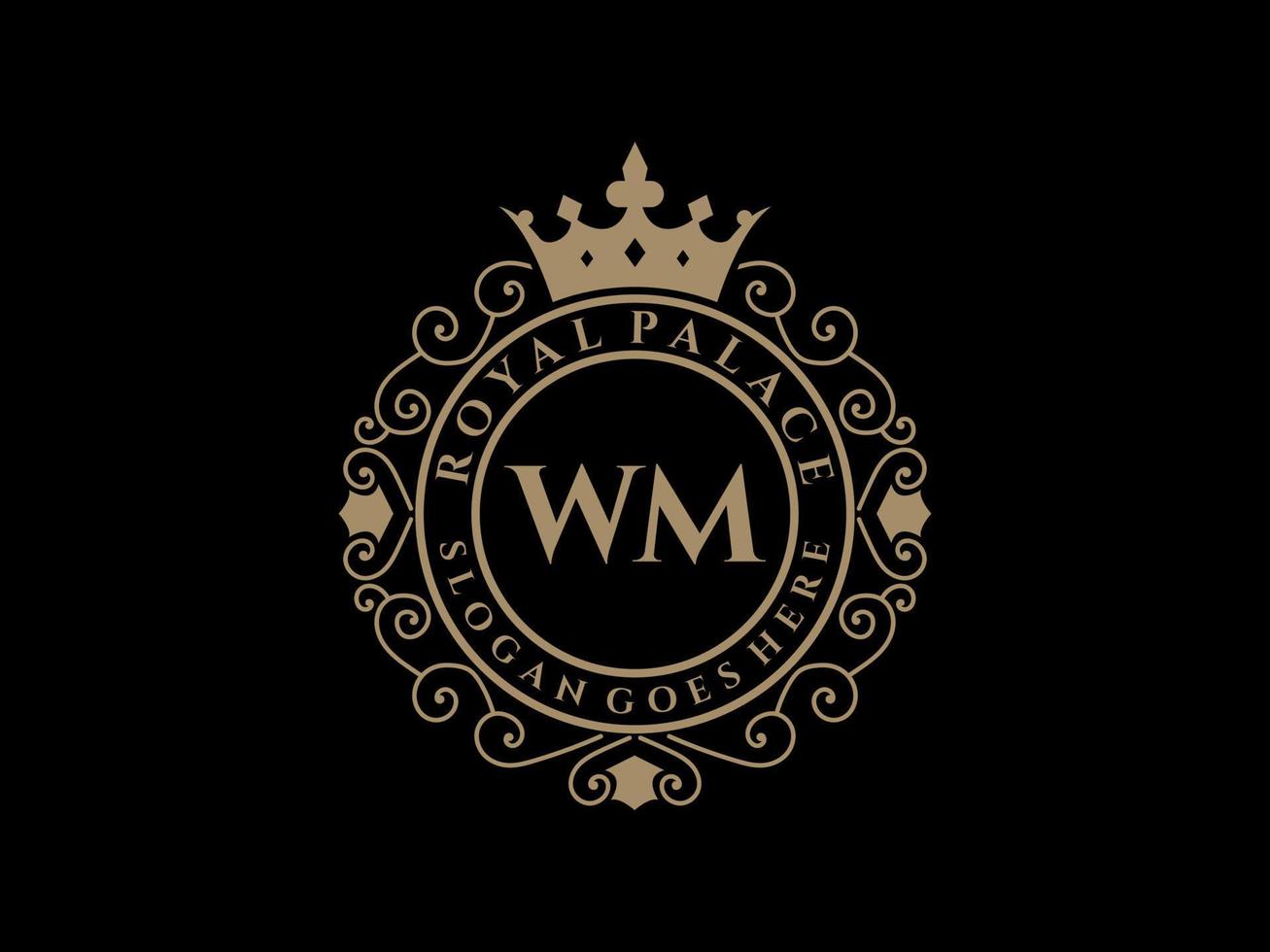 Letter WM Antique royal luxury victorian logo with ornamental frame. vector