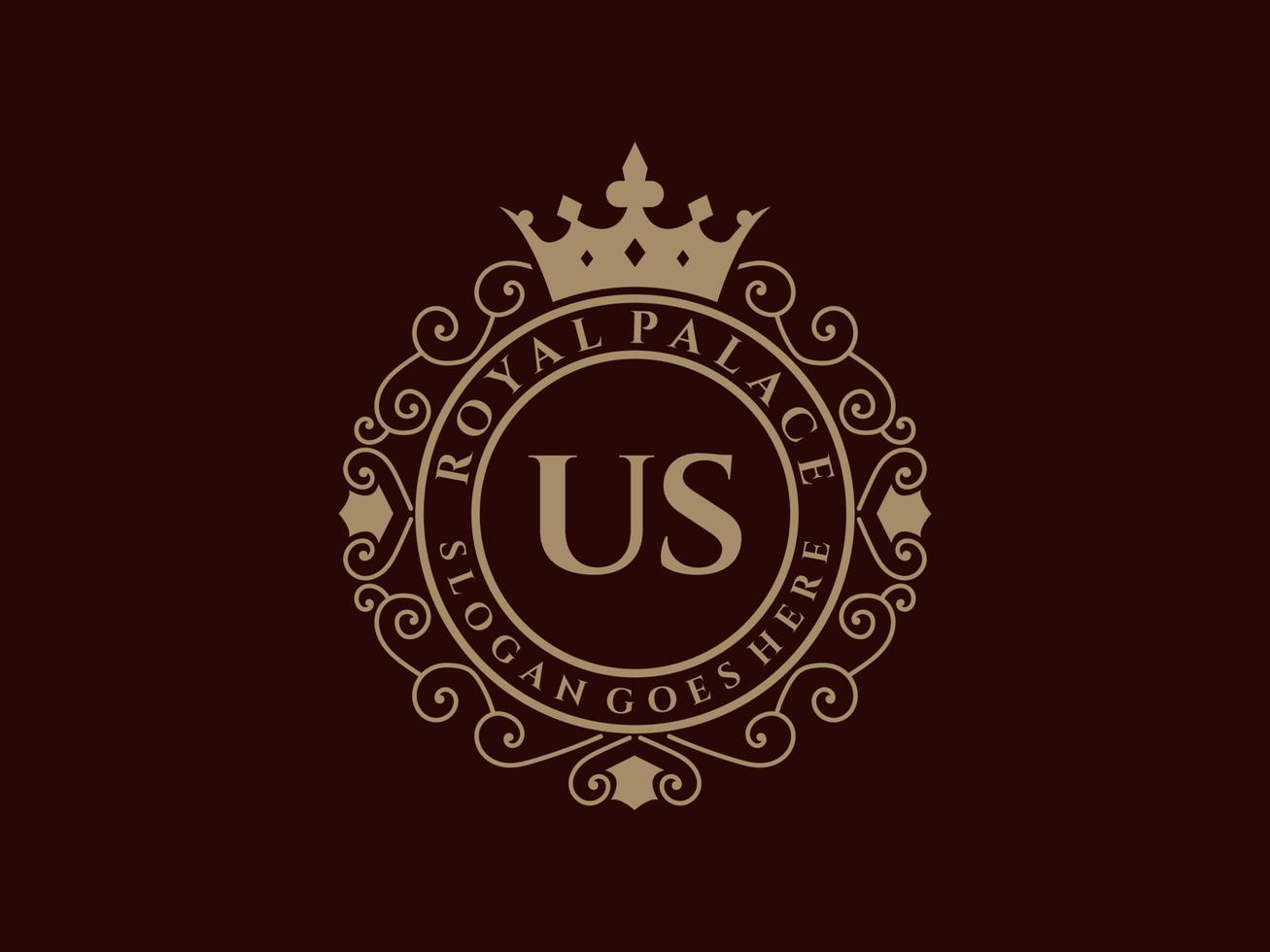 Letter US Antique royal luxury victorian logo with ornamental frame. vector