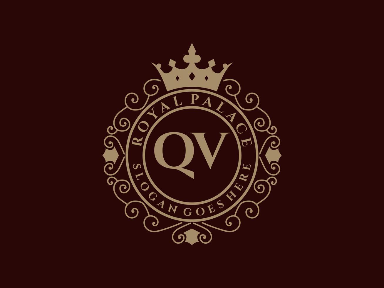 Letter QV Antique royal luxury victorian logo with ornamental frame. vector