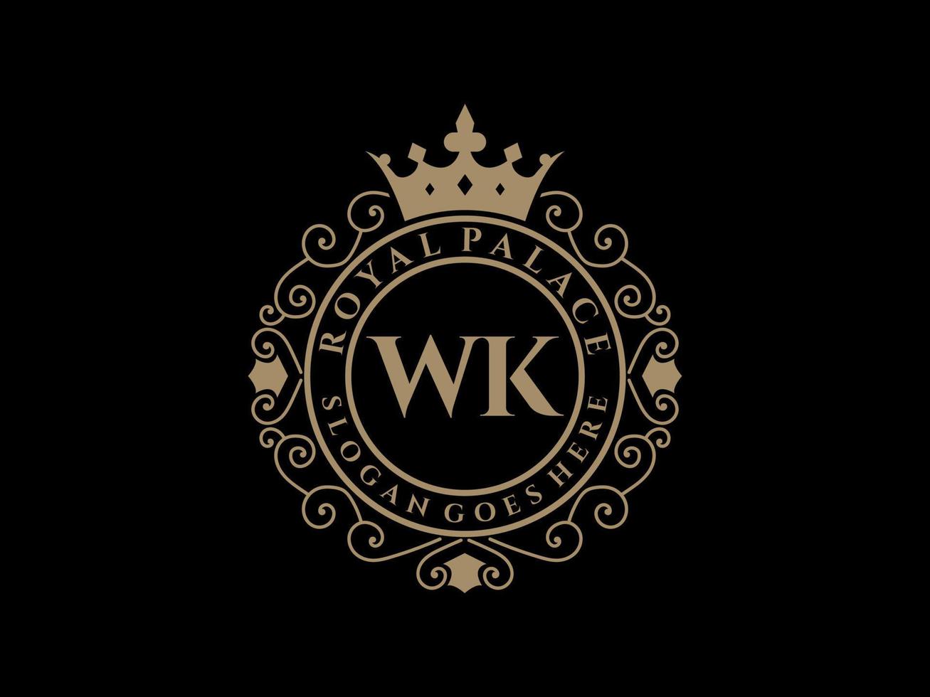 Letter WK Antique royal luxury victorian logo with ornamental frame. vector