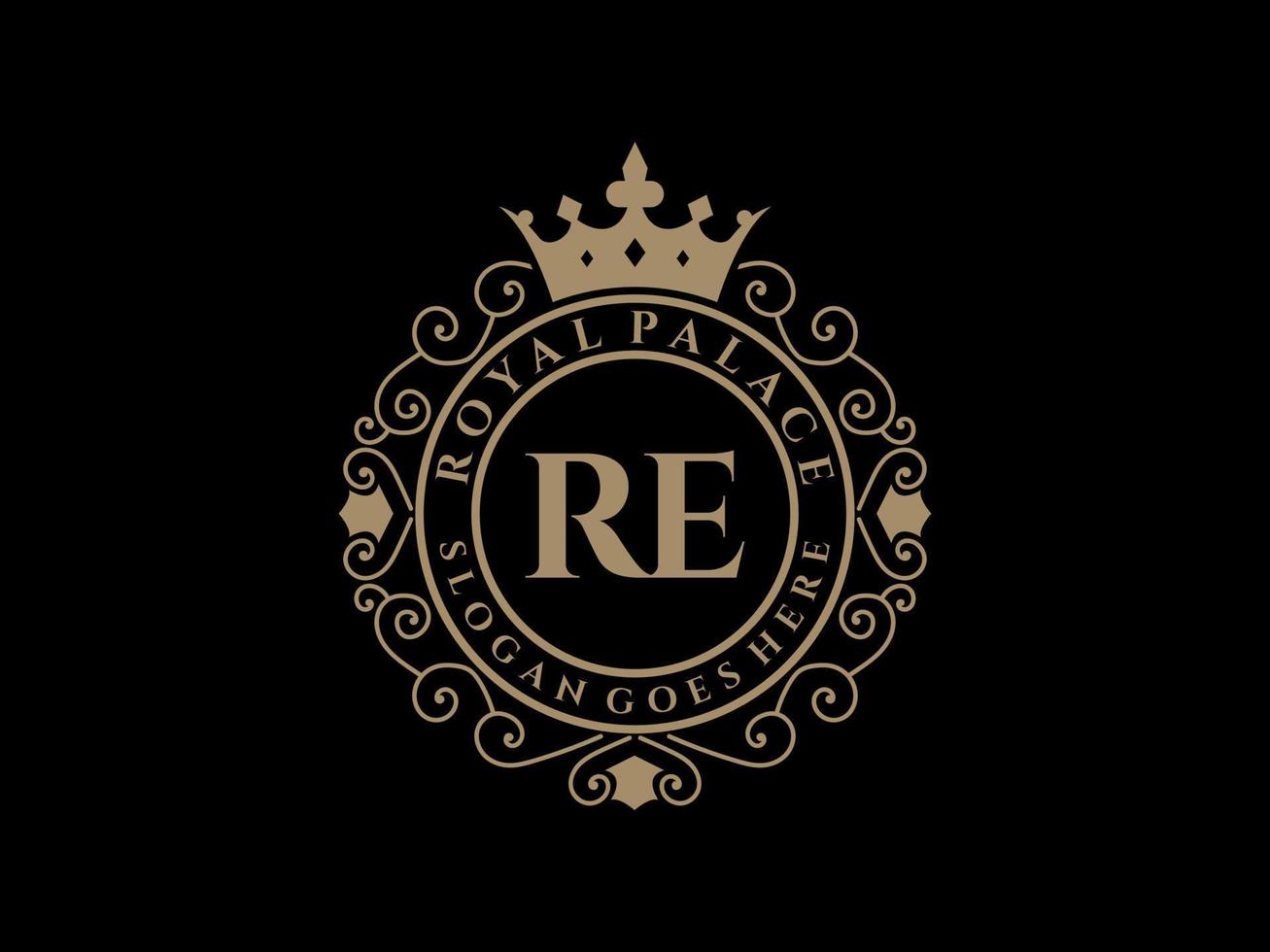 Letter RE Antique royal luxury victorian logo with ornamental frame. vector