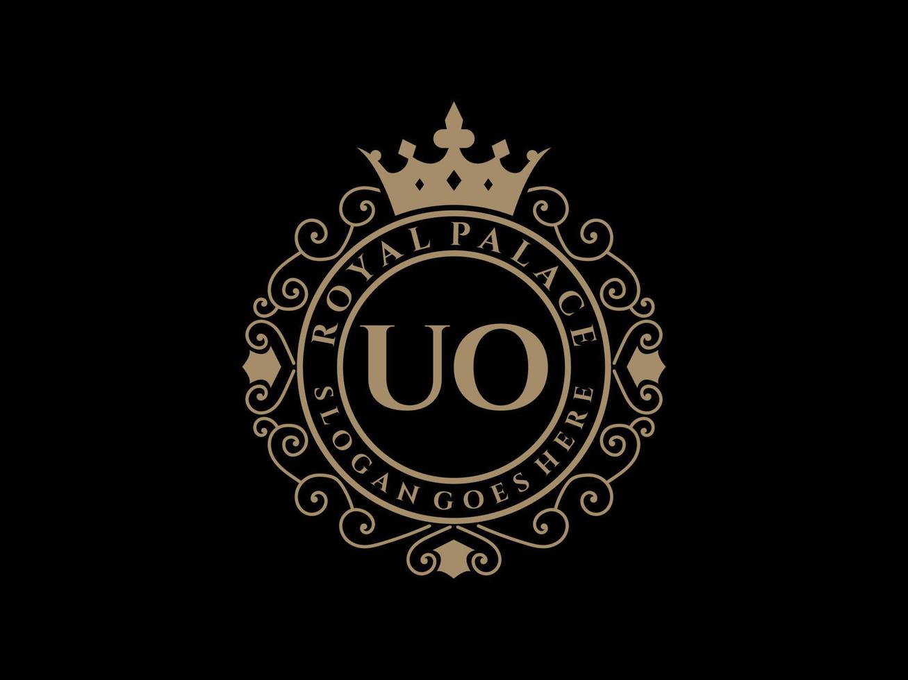 letra uo logotipo victoriano de lujo real antiguo con marco ornamental. vector