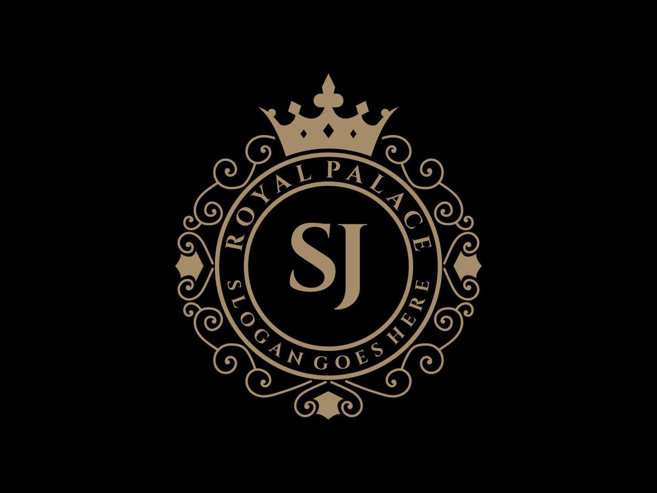 letra sj logotipo victoriano de lujo real antiguo con marco ornamental. vector