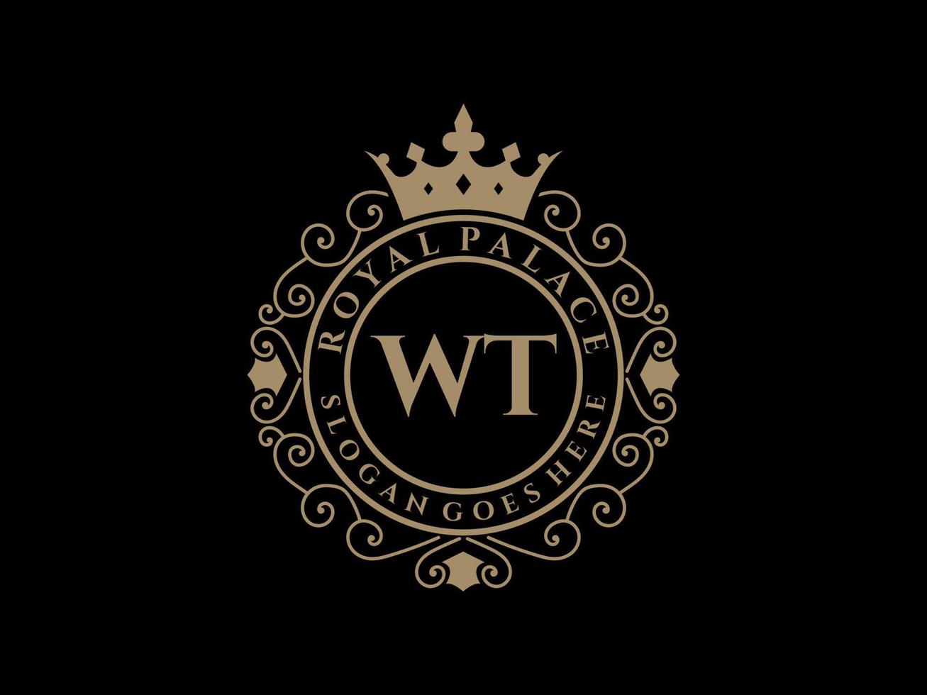 Letter WT Antique royal luxury victorian logo with ornamental frame. vector