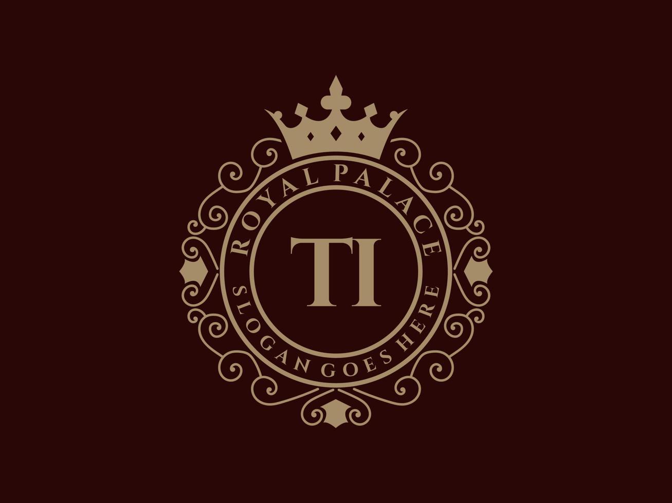 Letter TI Antique royal luxury victorian logo with ornamental frame. vector