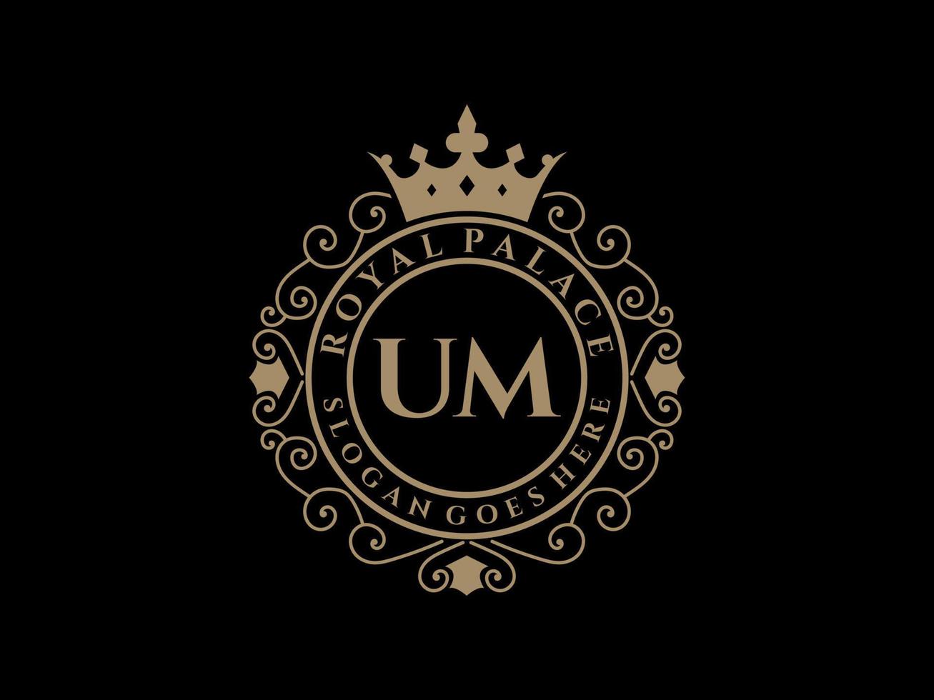 Letter UM Antique royal luxury victorian logo with ornamental frame. vector