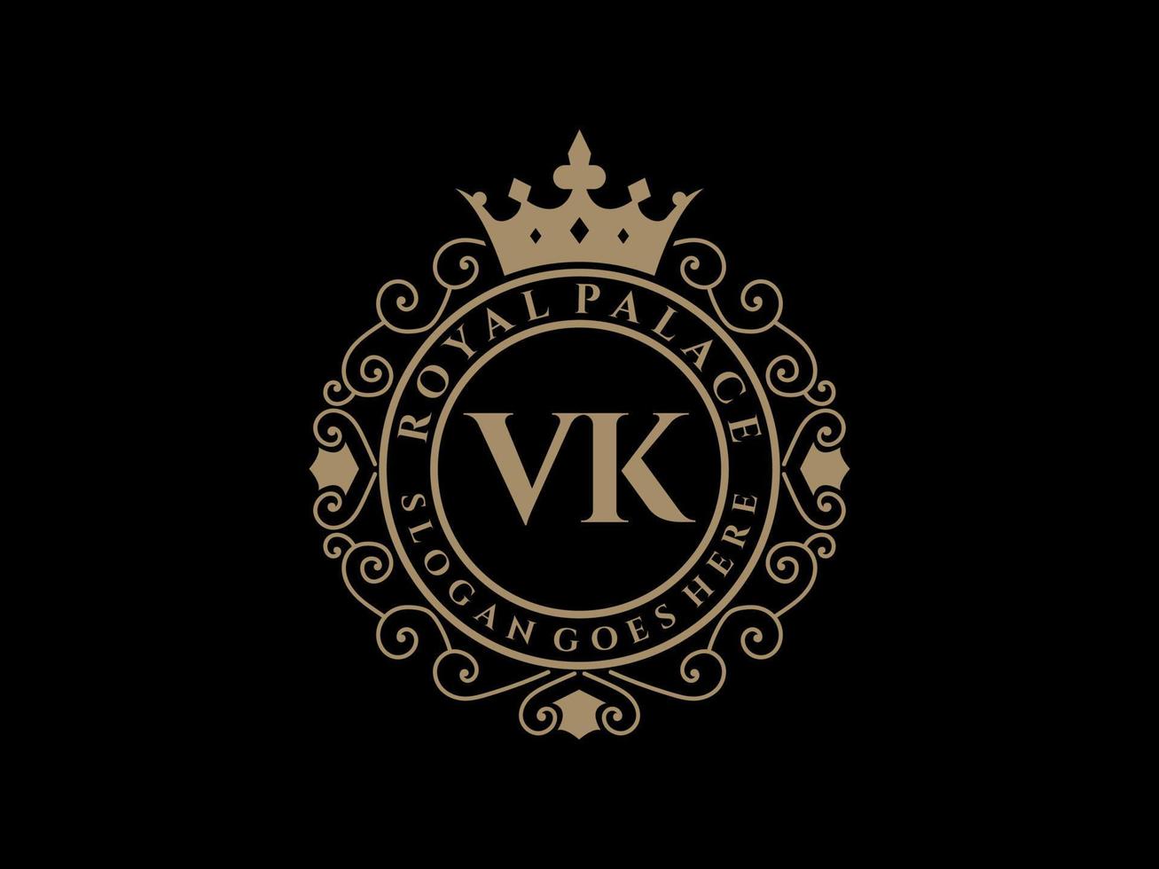 letra vk logotipo victoriano de lujo real antiguo con marco ornamental. vector