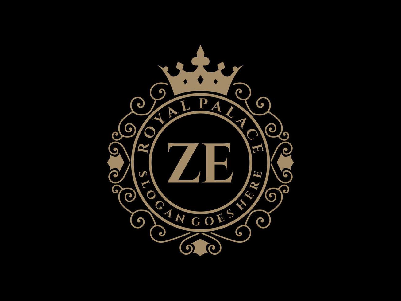Letter ZE Antique royal luxury victorian logo with ornamental frame. vector