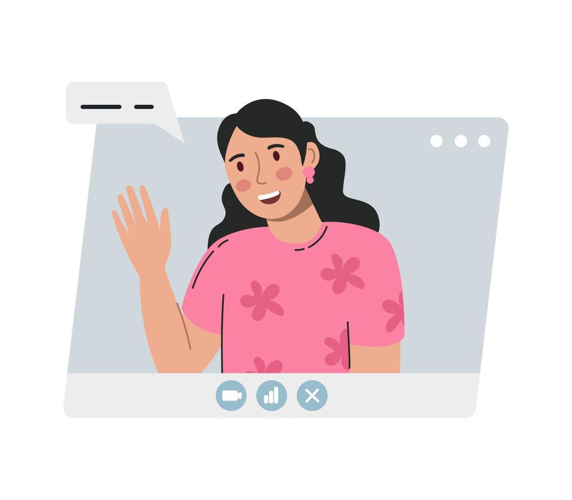 Virtual remote work. Window with a girl office colleague. Online remote video conference call. . Vector illustration is flat isolated on a white background.