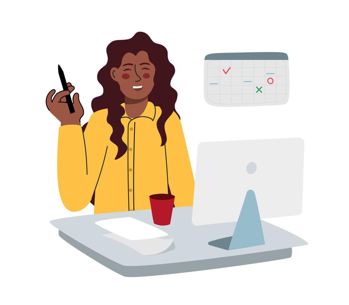 A woman dark skinned is working at a computer. Work in the office and at a distance.  Vector illustration is flat isolated on a white background.