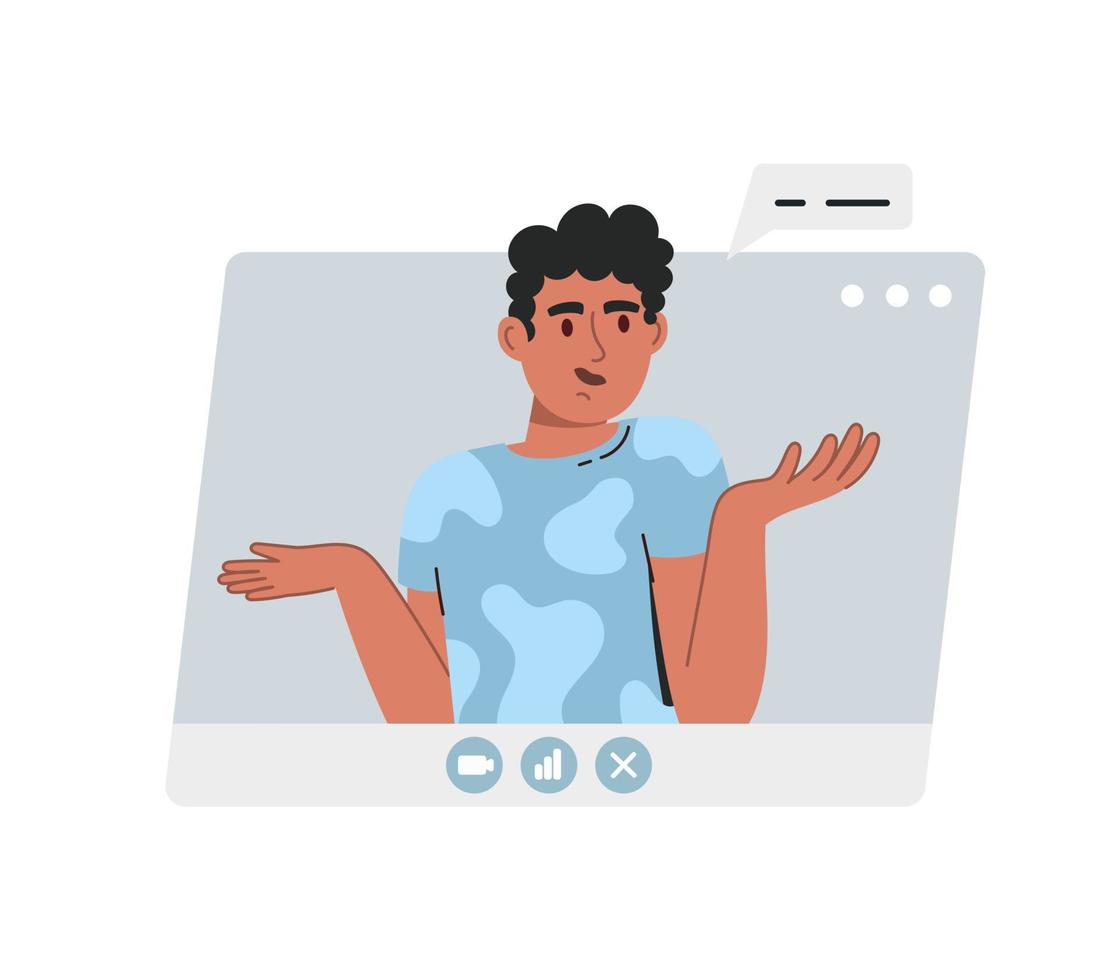 Virtual remote work. A window with a male office colleague. Online remote video conference call. . Vector illustration is flat isolated on a white background.