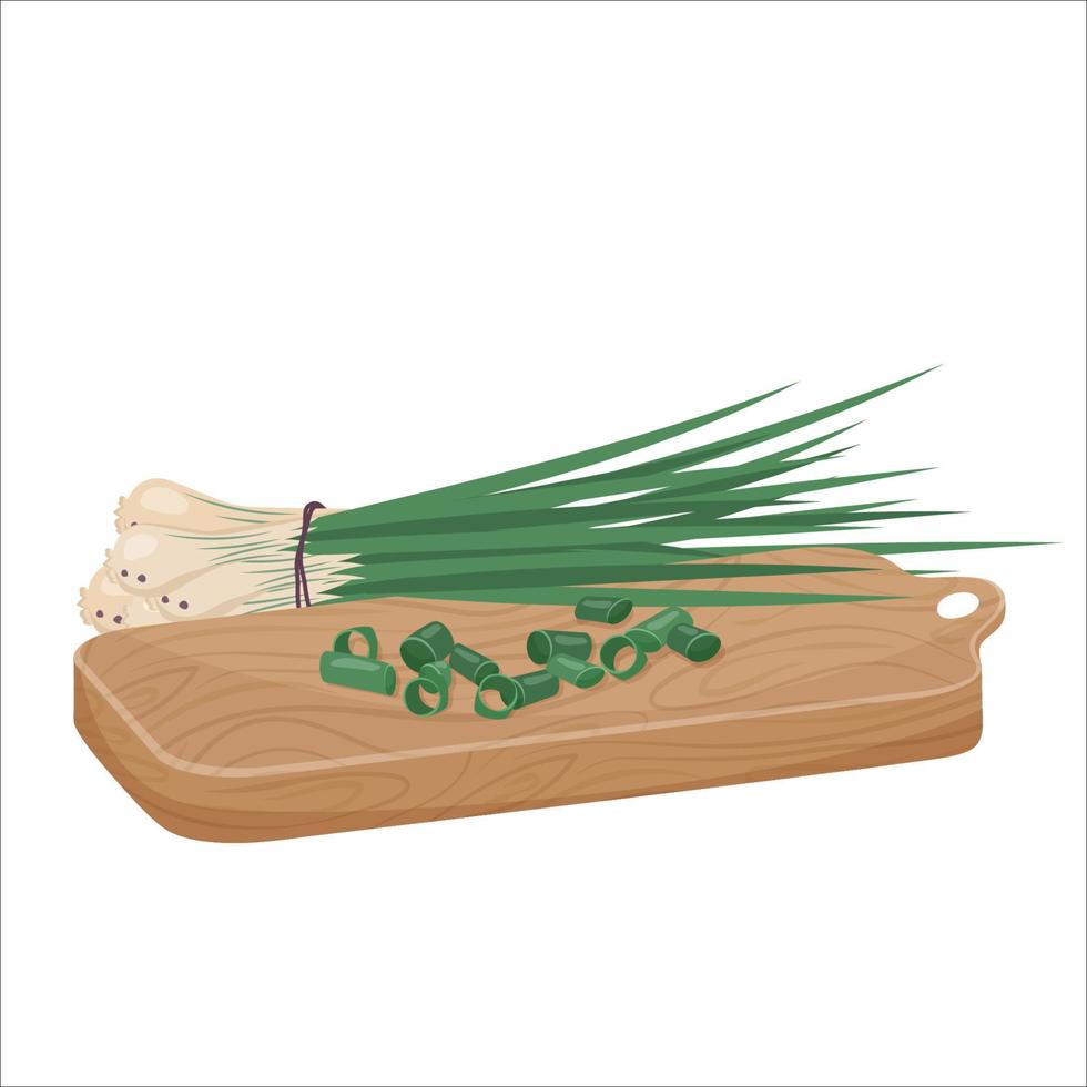 Chop green onion into round pieces with bunch of greenery. Cutting fresh onions by kitchen knife on wood board. Healthy organic food. Ripe vegetables, natural vitamins. Kitchenware, cooking. Vector