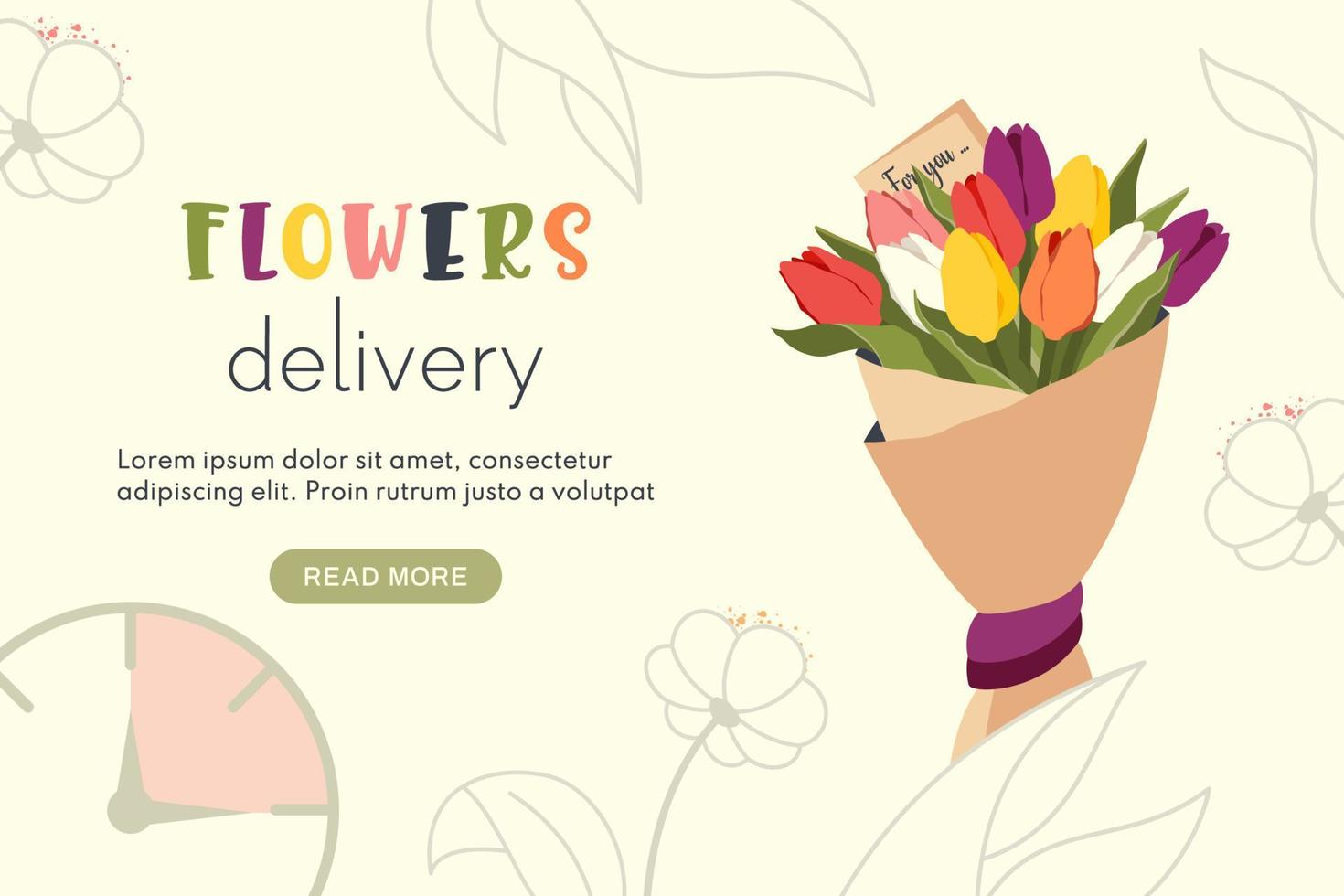 ramo de tulipanes con mensaje romántico del destinatario. servicio floristico, entrega rapida de flores. decoración y composición floral de pedidos. ilustración plana vectorial para regalo, pedido en línea vector