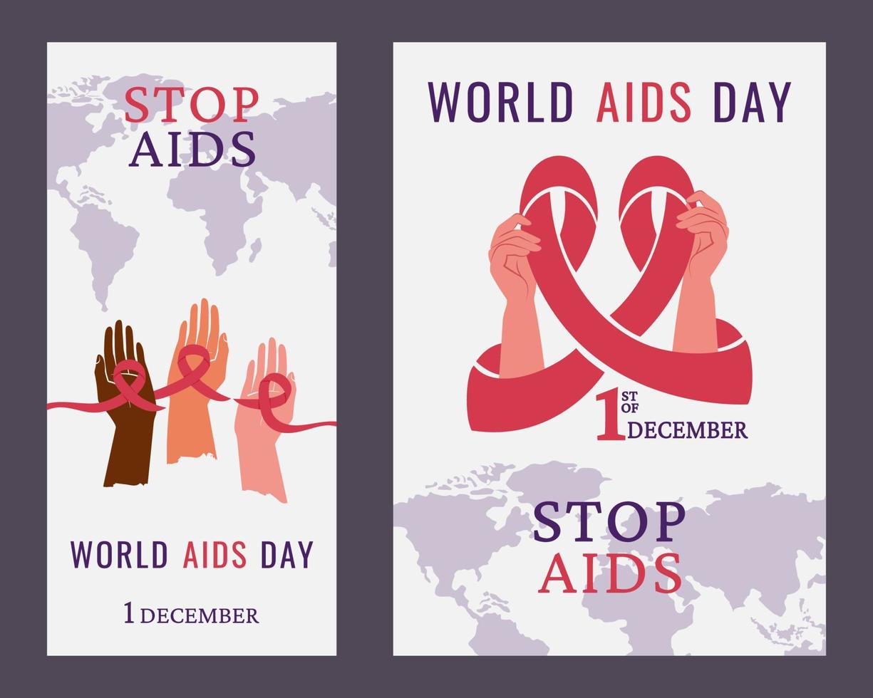 World Aids day. Set of posters. Awareness of AIDS. People of different colour, nationality holding red ribbon as symbol of unity, help for one another. Support for hiv infected people. Vector