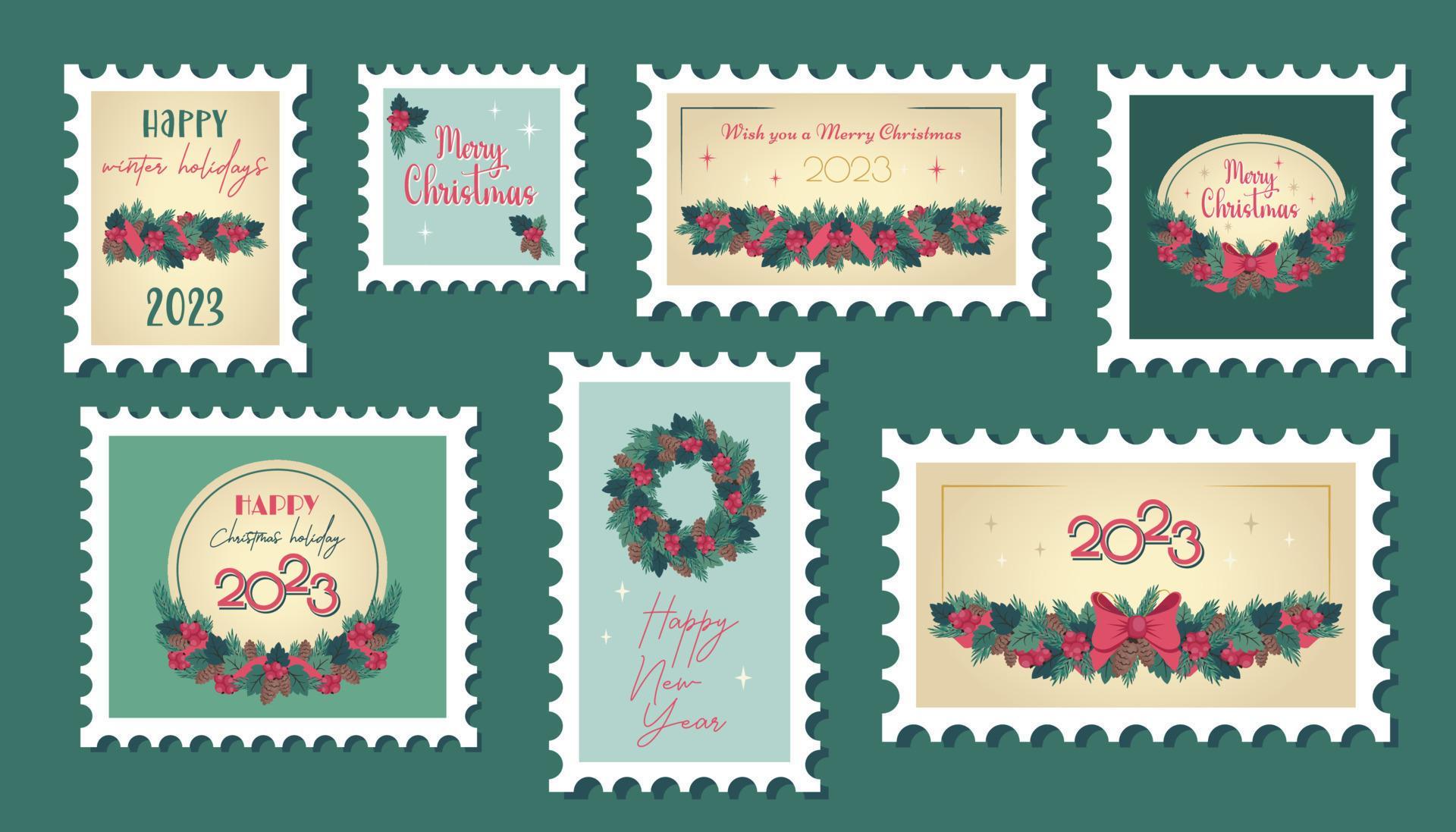 Set of vintage Christmas postage stamps. Variety of winter holiday