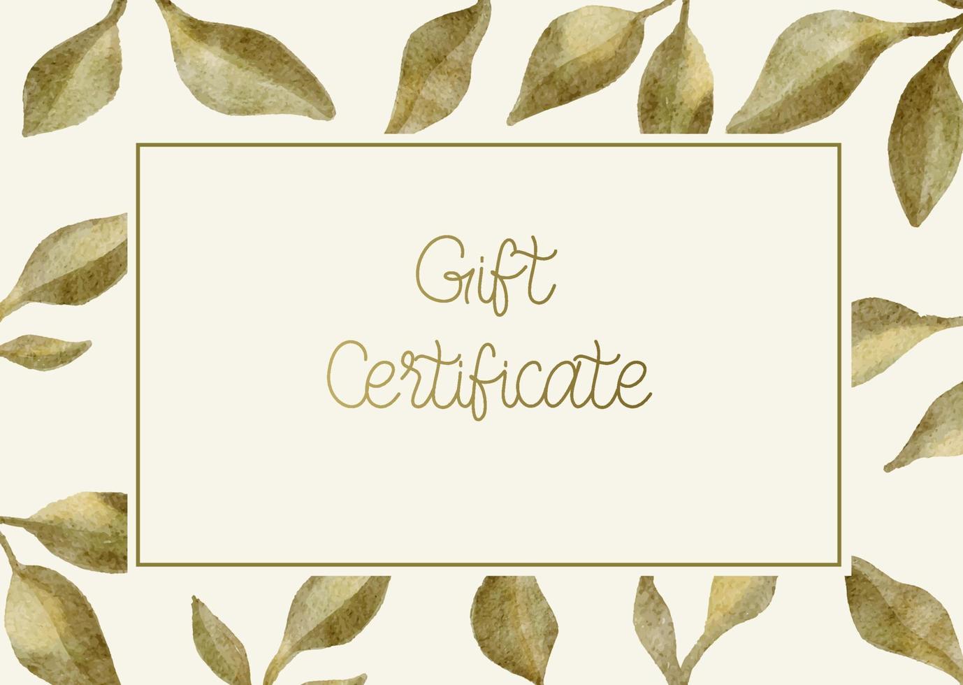 Elegant gift certificate with watercolor greenery leaves. The template can be used for spa, cosmetic, beauty, restaurant. vector