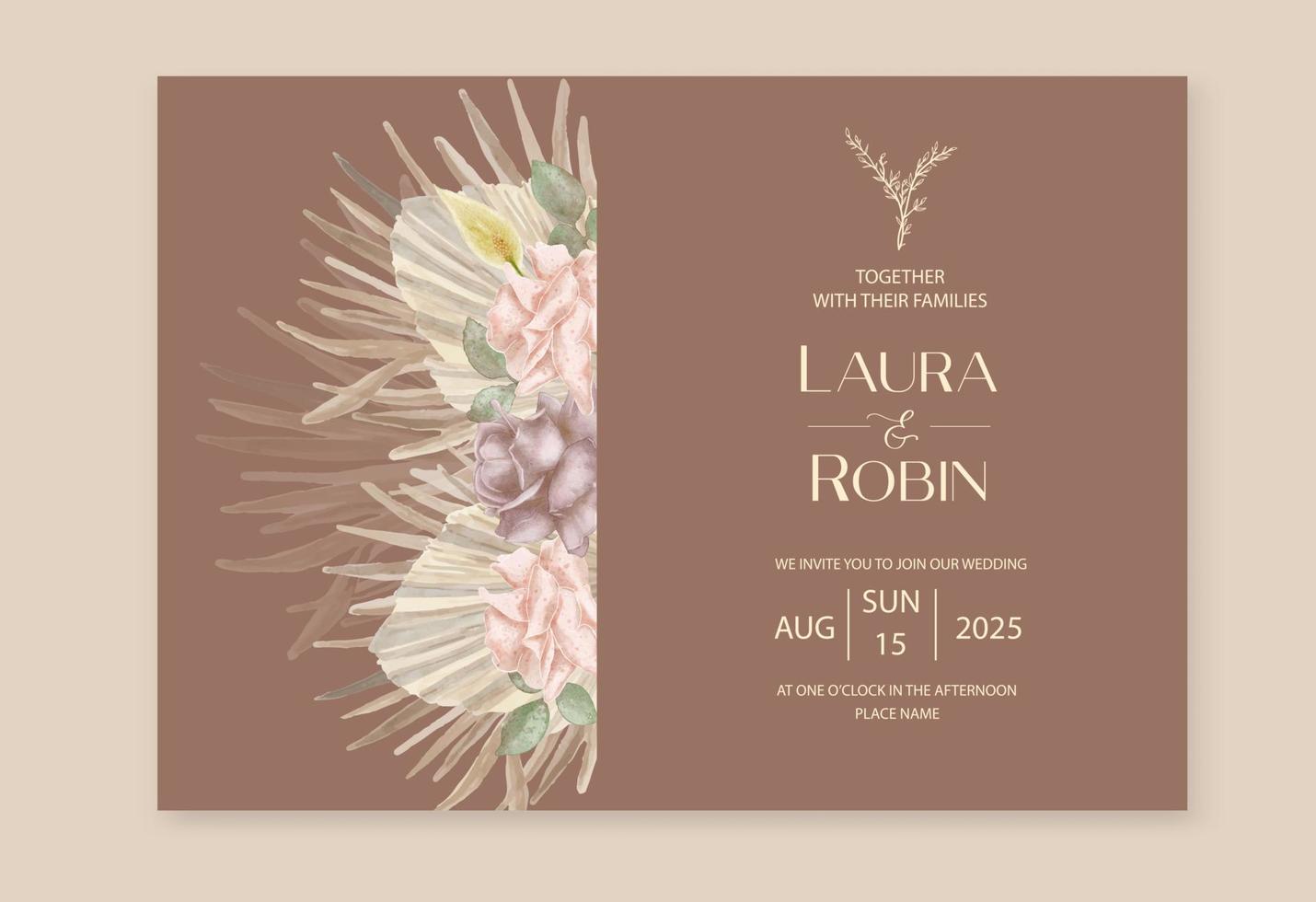 plantilla de invitación de boda con lunaria seca, hierba de pampa. tarjeta de vector floral rosa. flores secas exóticas de acuarela, plantilla de invitación boho de hojas de palma.