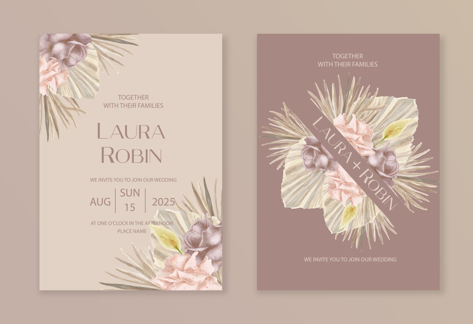 Boho Wedding Invitation Template Set With Dried Flowers And Pampas
