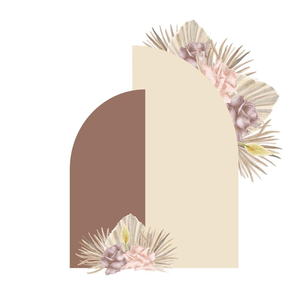 plantilla de invitación de diseño de decoración de arco de boda bohemia con acuarela exótica lunaria seca, rosa, hierba de pampa floral y hojas secas. vector