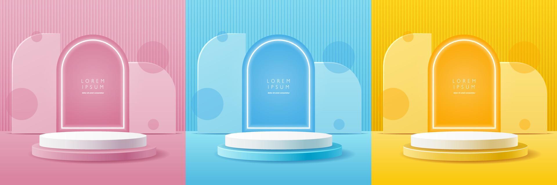 Set of white realistic 3d cylinder pedestal podium with pastel yellow, blue and pink on a neon background. podium for mockup products, promotion display. Vector illustration