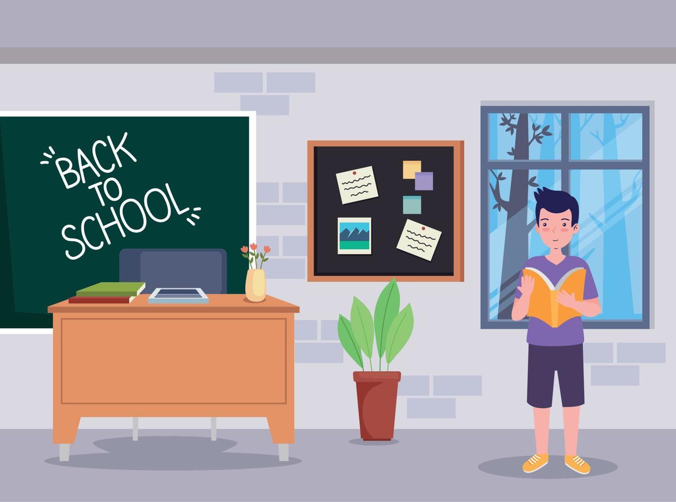 back to school label with schoolboy in classroom vector