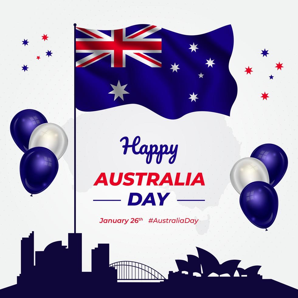 feliz día de australia 26 de enero ondeando bandera y globo ilustración diseño de fondo vector