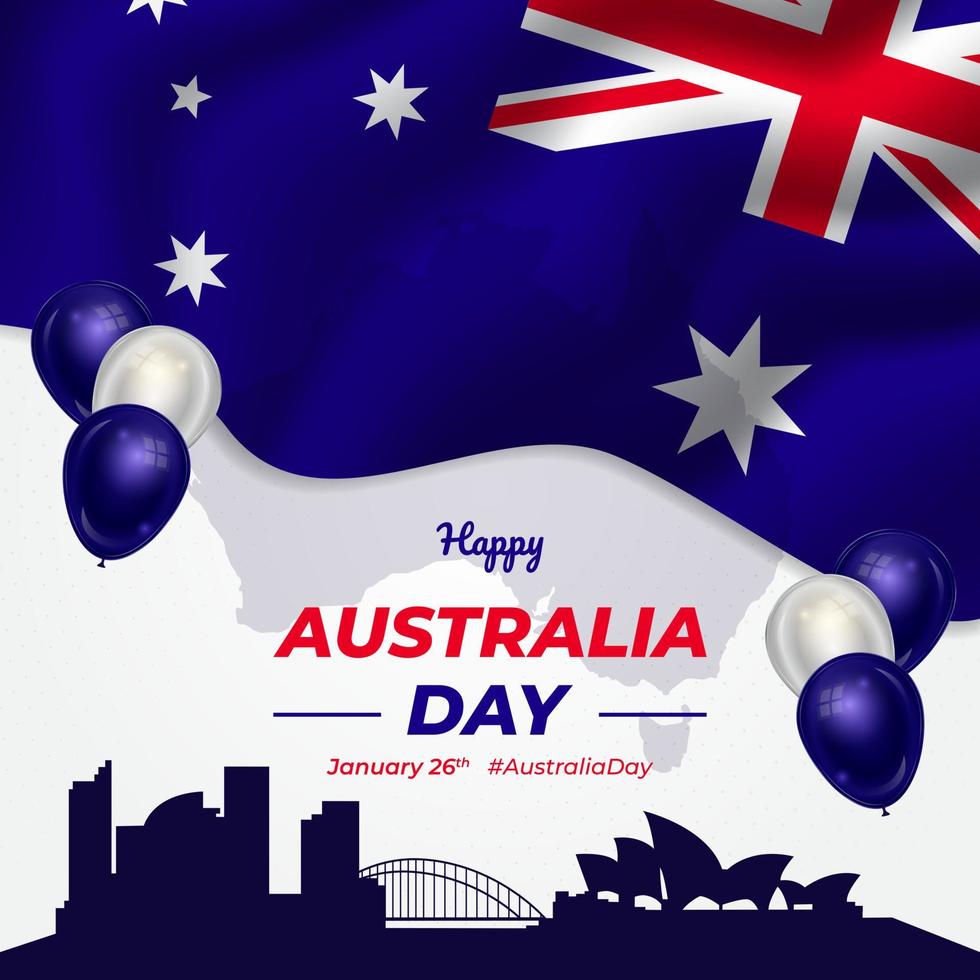 feliz día de australia 26 de enero con bandera ondeante y diseño de ilustración de globo vector