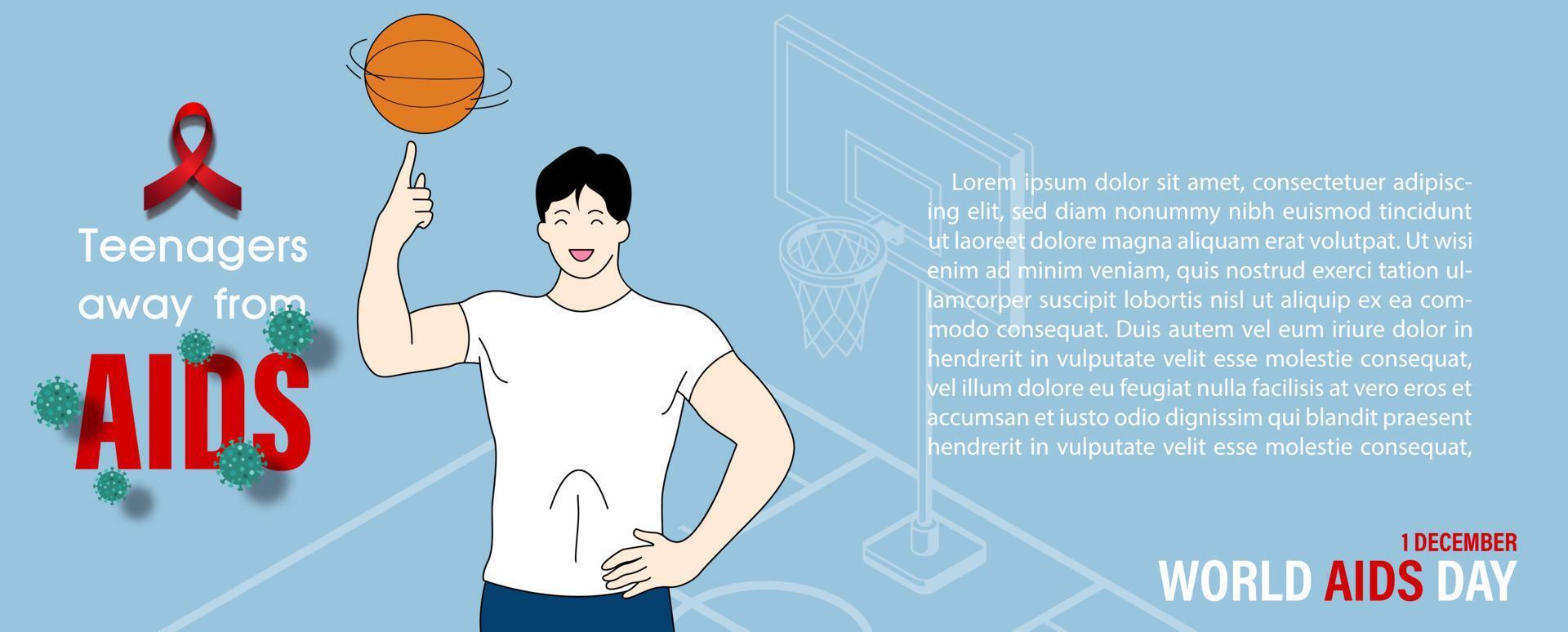 adolescentes en caricaturas jugando baloncesto con eslogan del evento, textos de ejemplo y cartas del día mundial del sida en la cancha de baloncesto y fondo azul. vector