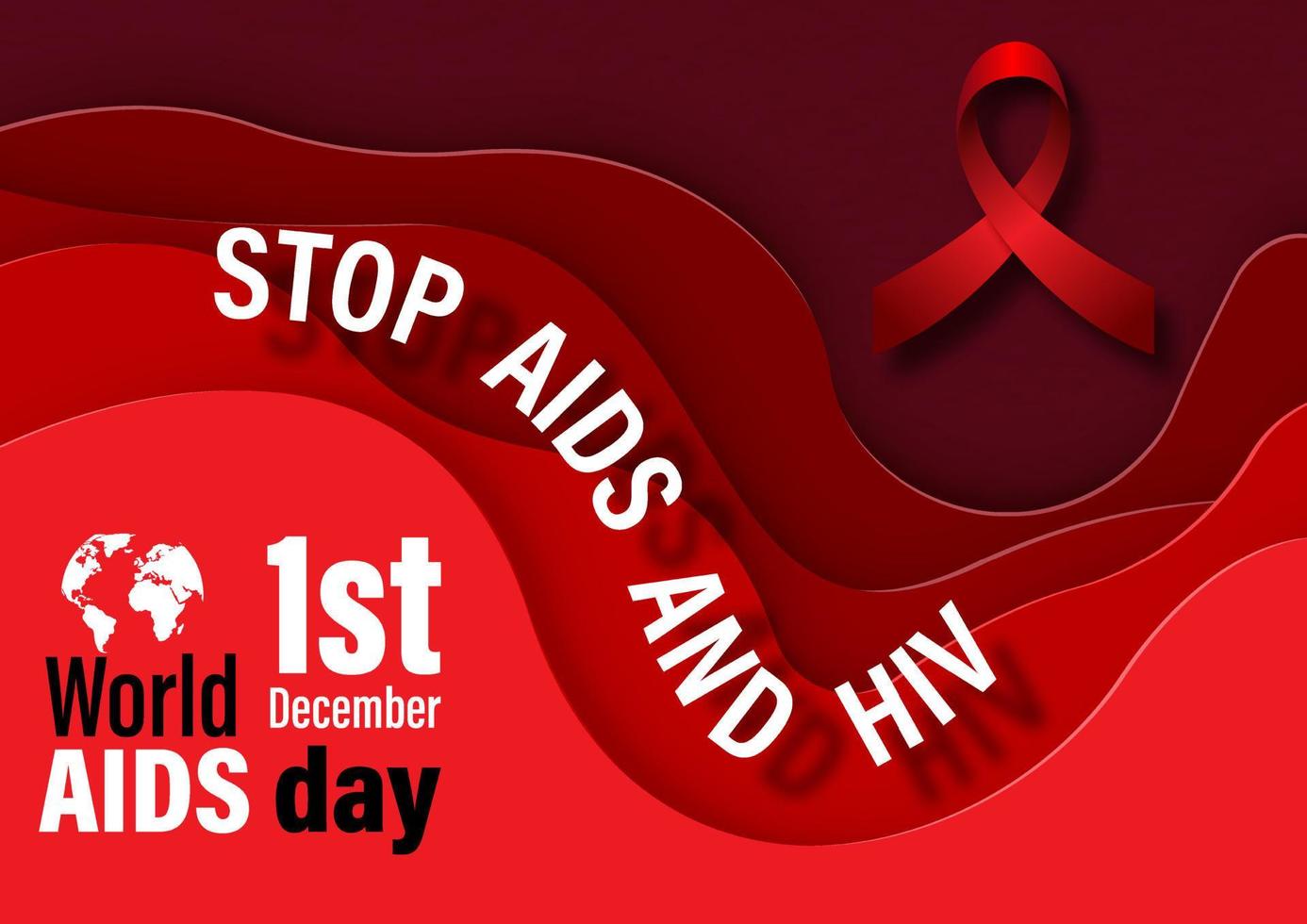The day and name of event with slogan and red ribbon on layers abstract shape in paper cut style on paper pattern background. Card and poster's campaign of World AIDS day in vector design.