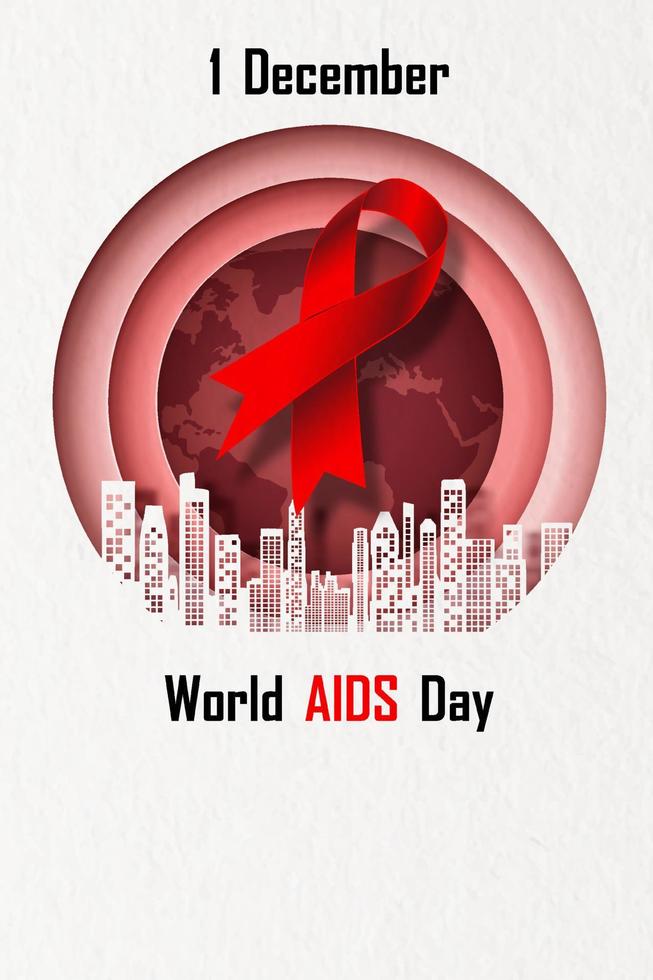 Giant red ribbon and the day, name of event with city building in layer circles shape on world map and red background. Campaign poster of World AIDS Day in layer paper cut style and vector design.