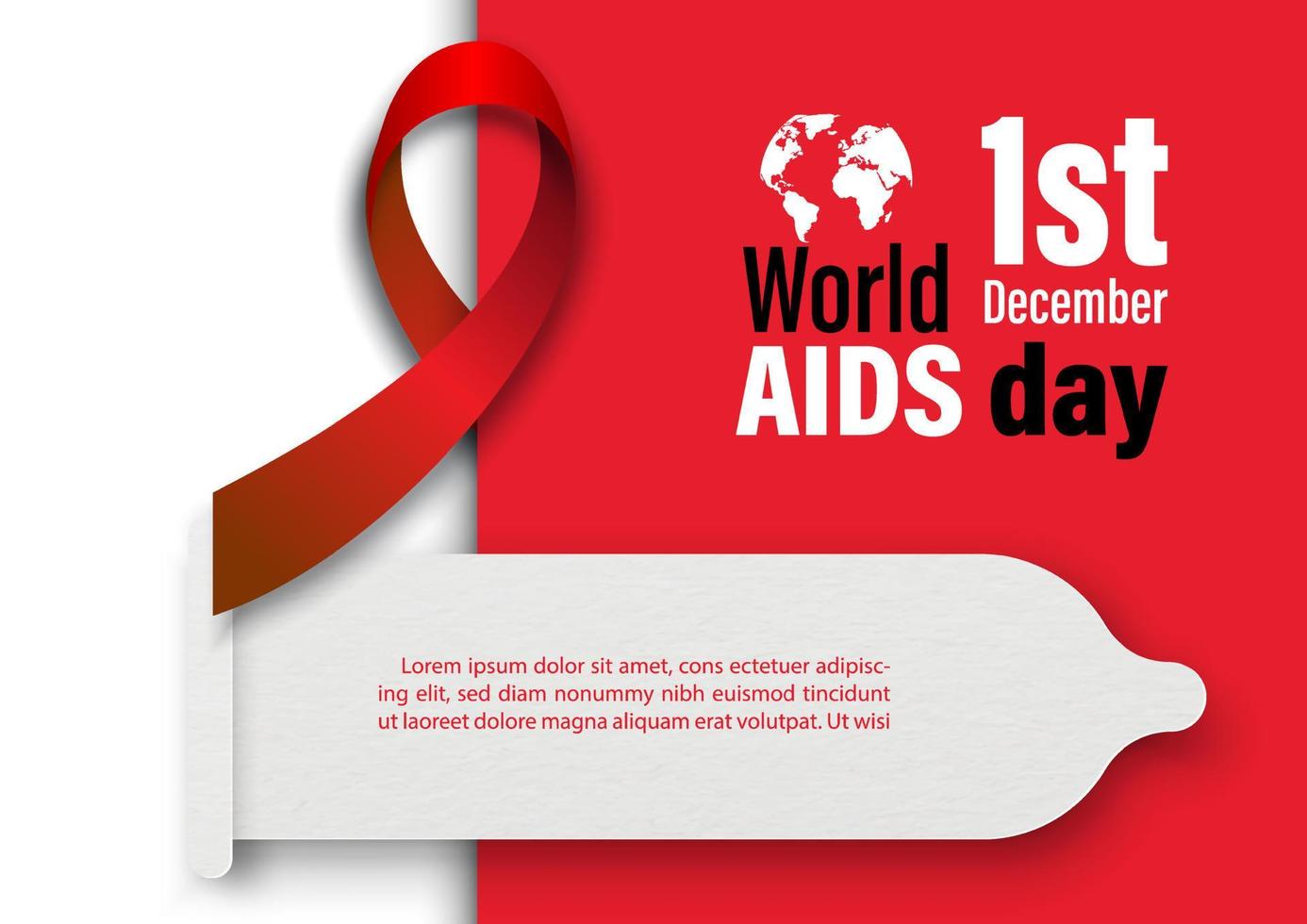 Wording design of World AIDS day with condom and red ribbon on red and white background. World AIDS day poster campaign in paper cut style and vector design.