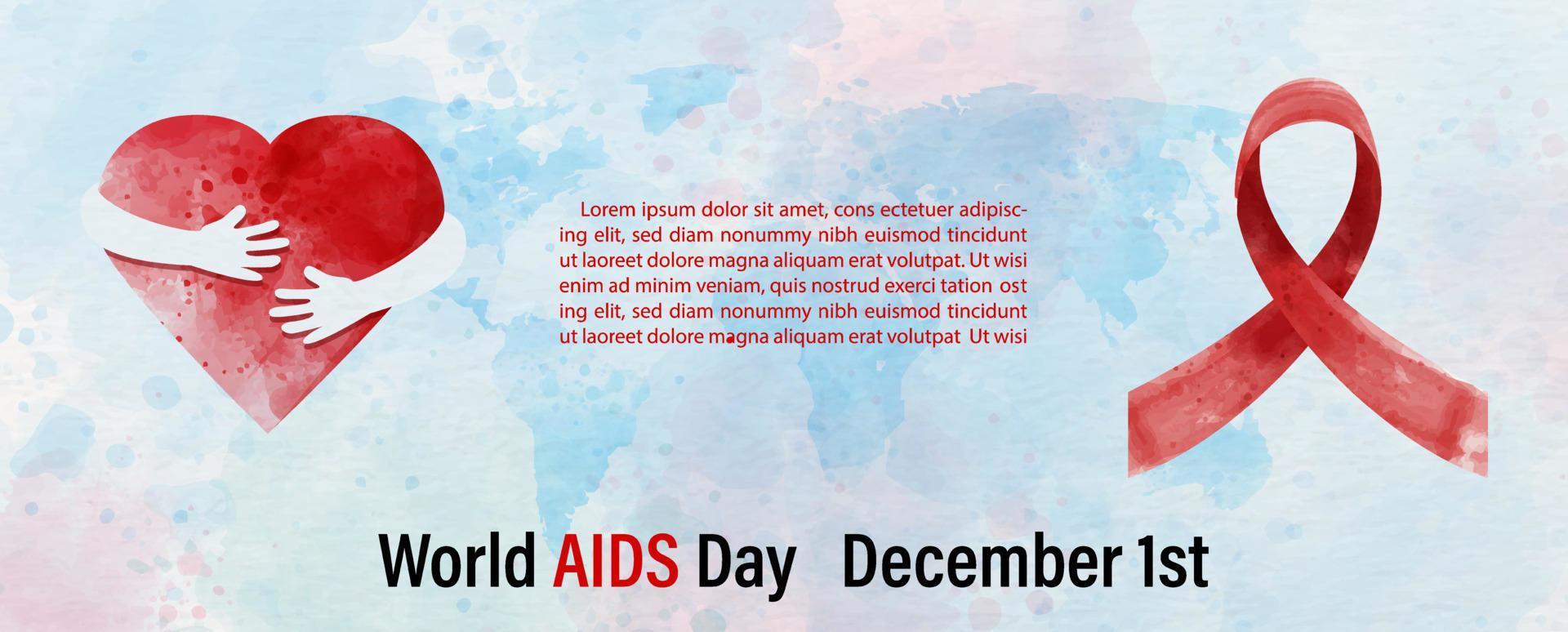 World AIDS day poster's campaign with red ribbon in water colors style and example texts on blue world map and white paper pattern background. All in web banner and vector design.