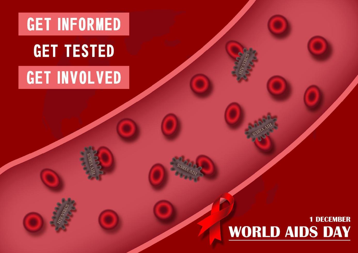 vista de primer plano y macro del virus vih con glóbulos rojos en vasos sanguíneos y cinta roja, el nombre, eslogan del evento en el mapa mundial y fondo rojo. cartel de campaña del día mundial del sida en diseño vectorial. vector