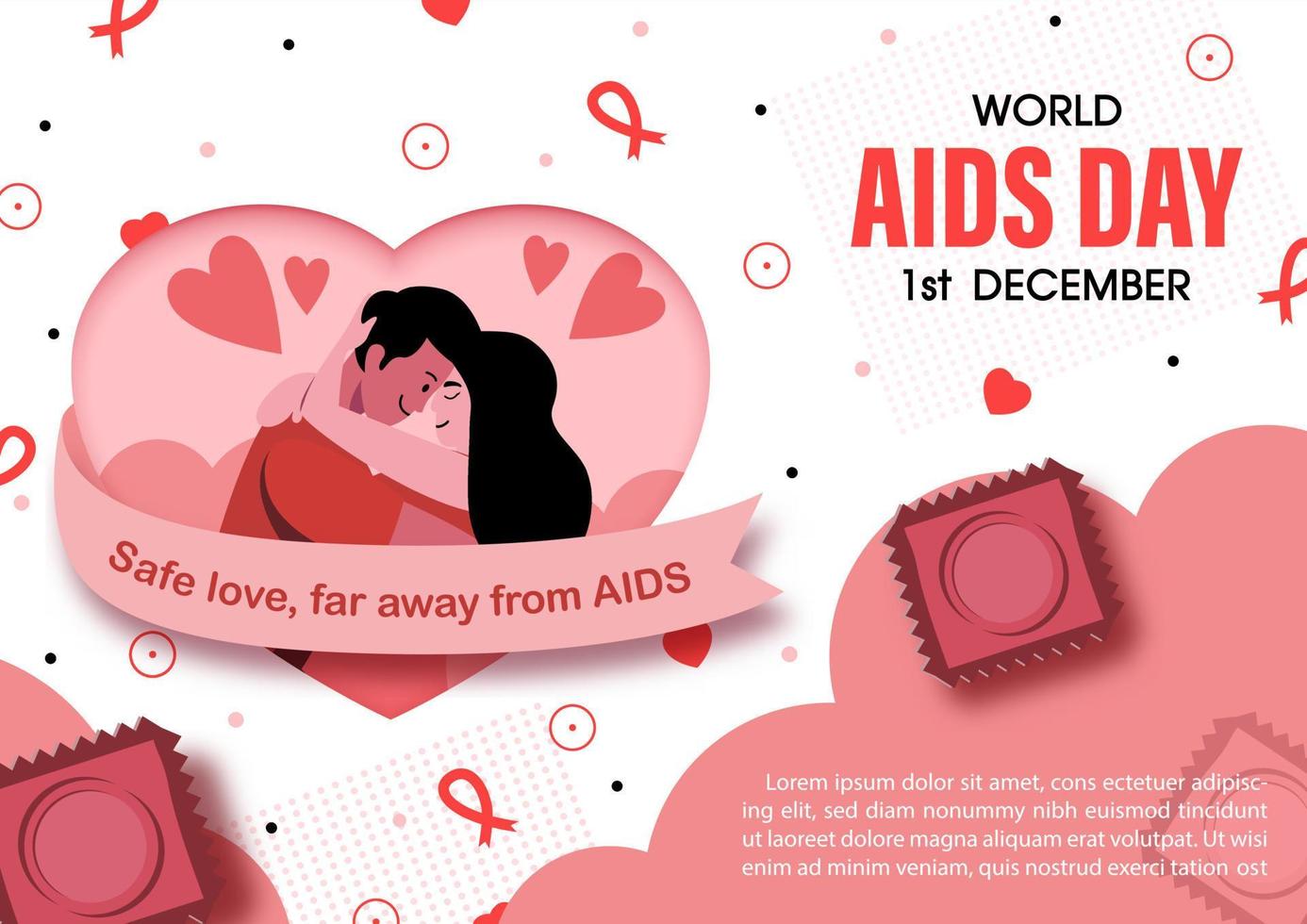 eslogan del día mundial del sida en la pancarta rosa con una pareja en el marco del corazón y el nombre del evento, textos de ejemplo sobre fondo blanco. campaña de afiches del día mundial del sida en diseño vectorial. vector
