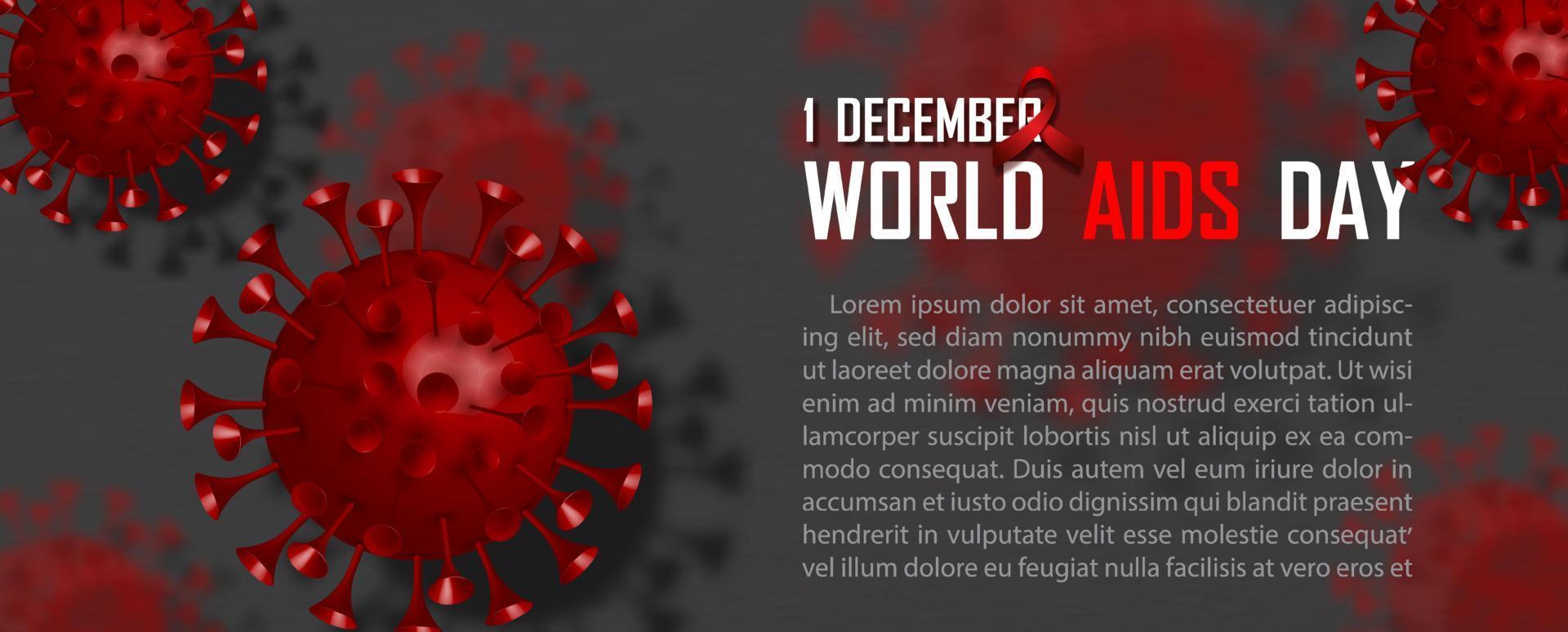 Closeup HIV virus in 3d style with the day and name of event, red ribbon and example texts on blurred virus and dark gray background. World AIDS Day campaign poster in banner and vector design.