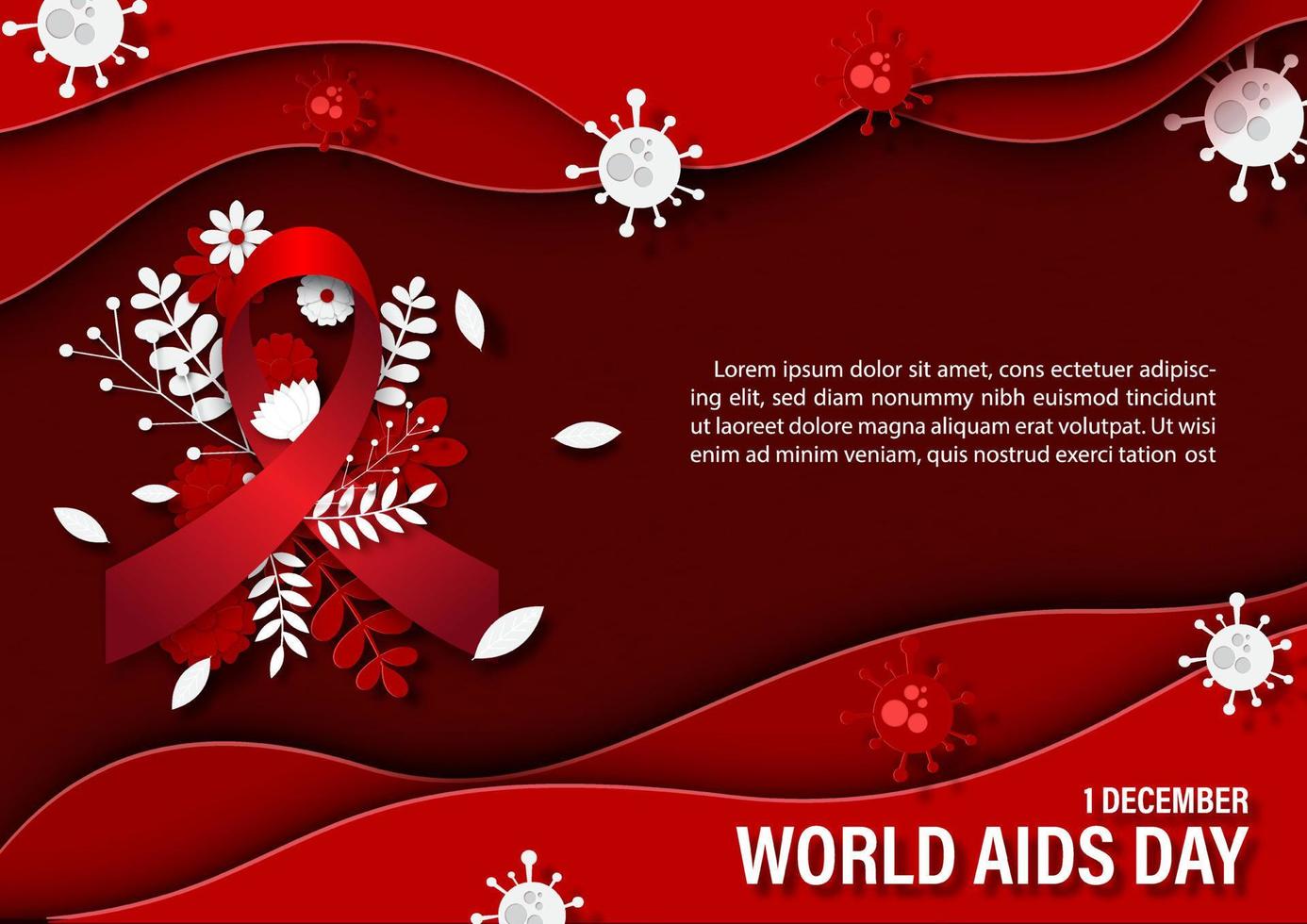 Red ribbon with decorated plants and wording of world AIDS day on wave flame and red background. World AIDS day poster's campaign in paper cut style and vector design.