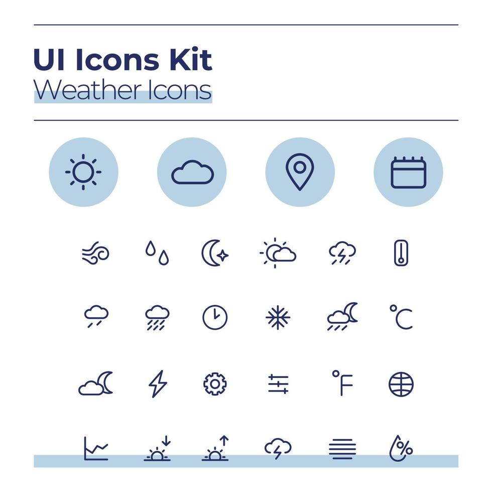 Weather UI icons kit. Forecast thin line vector symbols set. Sunny and cloudy. Warm, cold climate. Meteorology mobile app buttons in blue circles pack. Web design elements collection