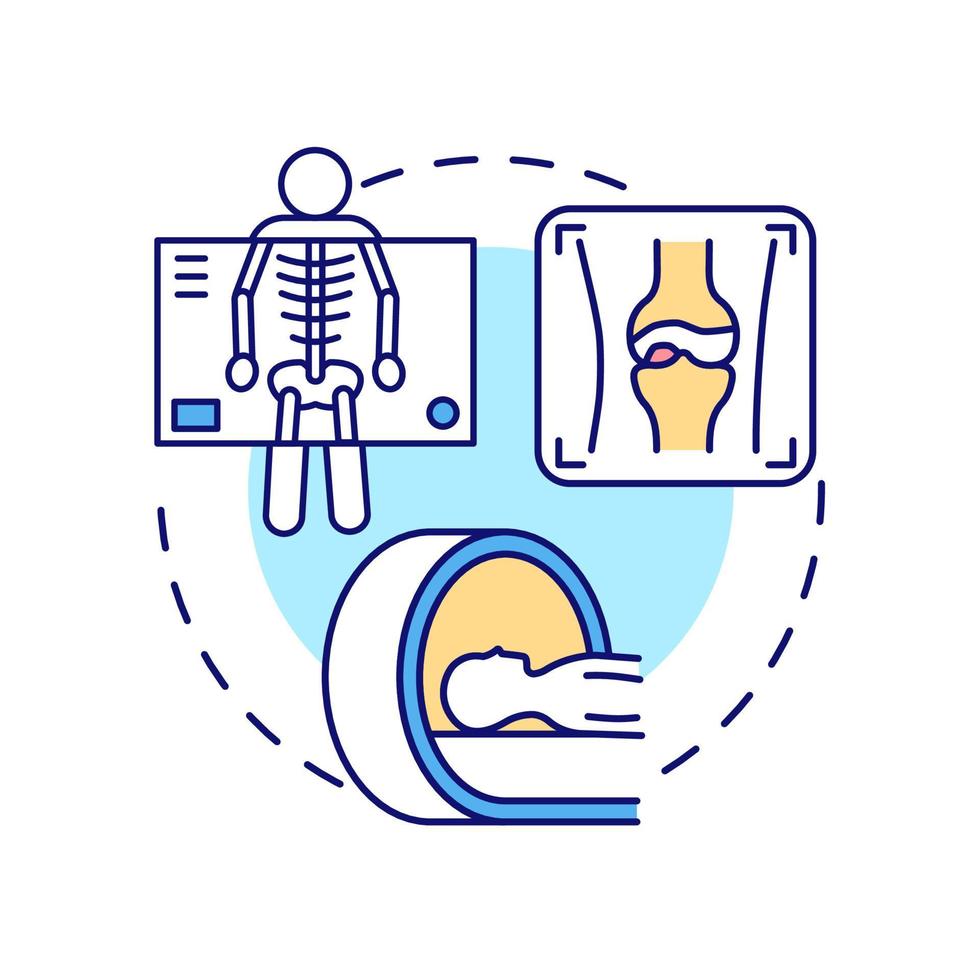 Arthritis disease diagnostics concept icon for light theme. Roentgen and MRT. Bones and skeleton. Technology of bones checkup abstract idea thin line illustration. Isolated outline drawing vector