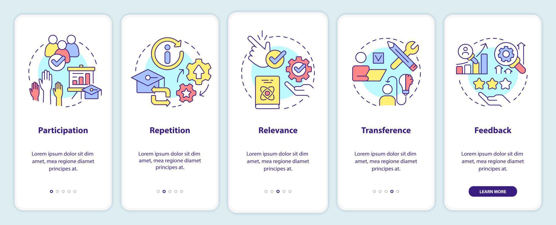 principios de aprendizaje para los estudiantes que incorporan la pantalla de la aplicación móvil. tutorial 5 pasos instrucciones gráficas editables con conceptos lineales. interfaz de usuario, ux, plantilla de interfaz gráfica de usuario. vector