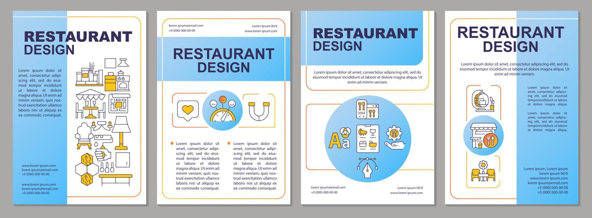 Restaurant interior design blue brochure template. Small business. Leaflet design with linear icons. Editable 4 vector layouts for presentation, annual reports.