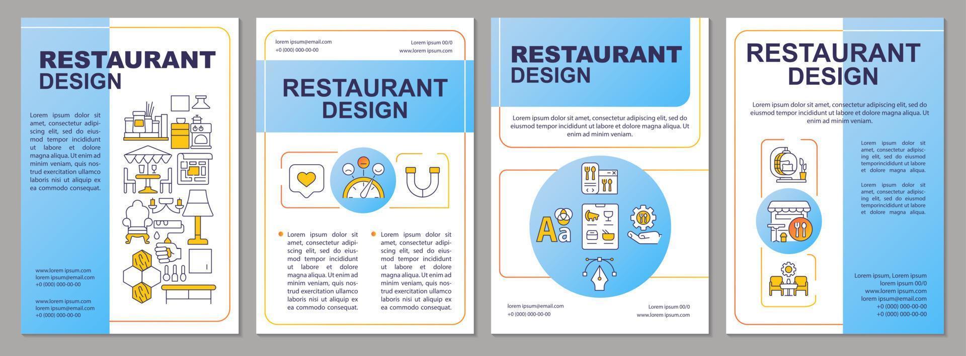 plantilla de folleto azul de diseño de interiores de restaurante. pequeños negocios. diseño de folletos con iconos lineales. 4 diseños vectoriales editables para presentación, informes anuales. vector